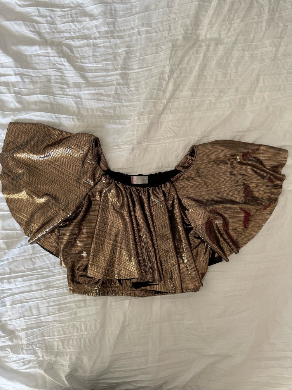 Metallic Bronze Off-Shoulder Ruffle Crop Top